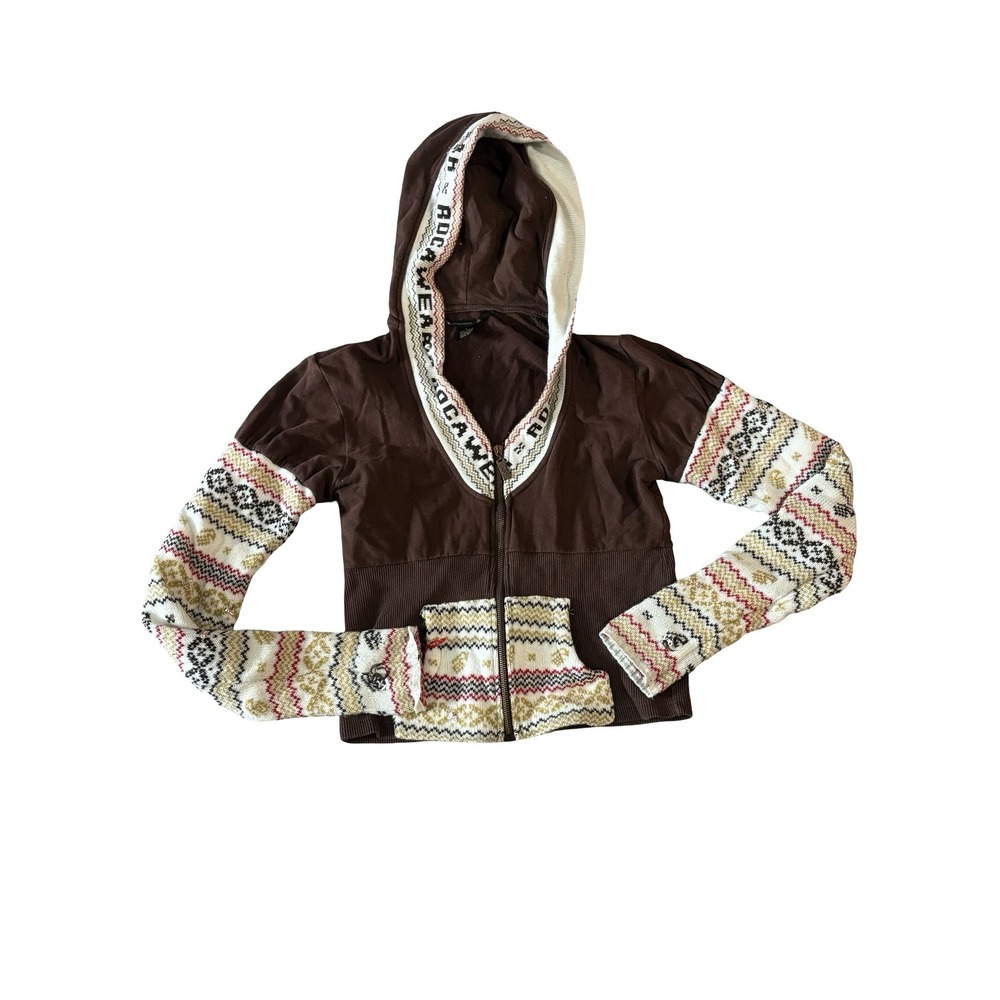 Y2K Rocawear Brown Mixed Media Fair Isle Zip Up Hoodie Sequin Logo Trim Large